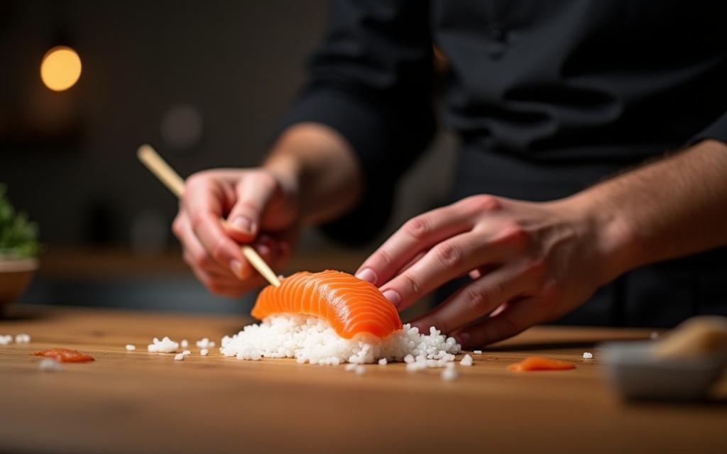 寿司を準備する職人の手元