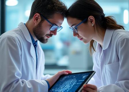 Scientists collaborating in a high-tech Canadian biotech laboratory