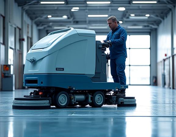 Operatore di Trama Chiara utilizza una lavasciuga pavimenti di ultima generazione